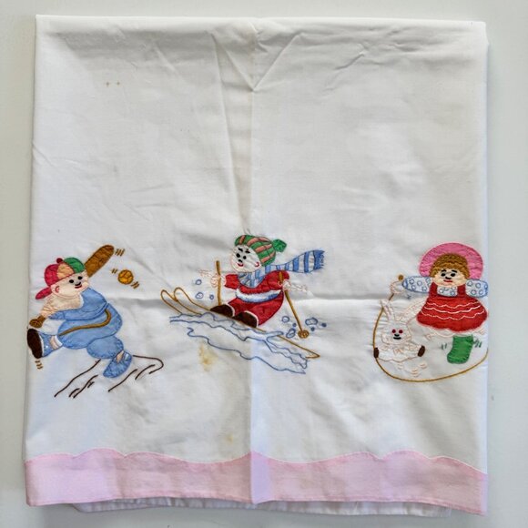 Vintage Embroidered Baby Crib Flat Sheet  Jump Rope Skiing Baseball White Pink - Picture 2 of 9
